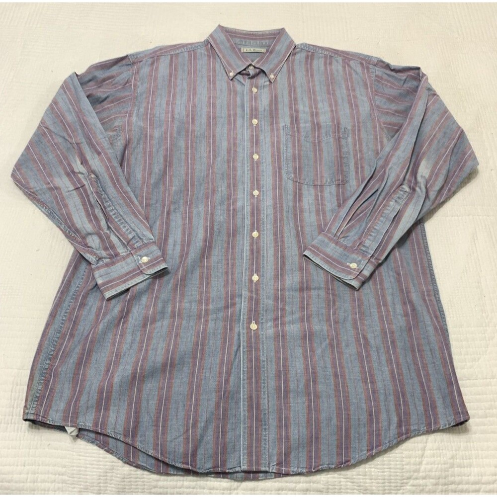 Vtg LLBean Mens L Tall Long Sleeve Button Stripe Work Shirt USA Made 100% Cotton